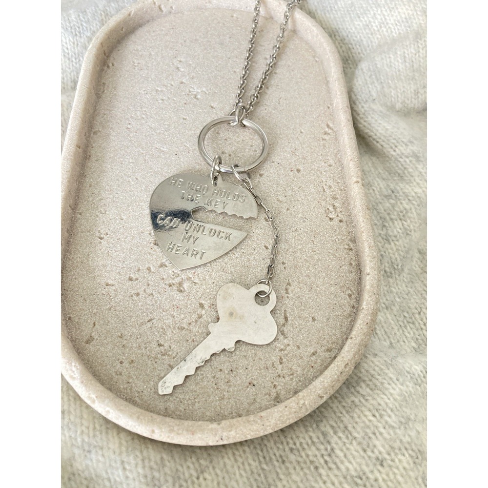 Silver Tone Heart Key Charm Necklace He Who Holds‎ The Key Can Unlock My Heart